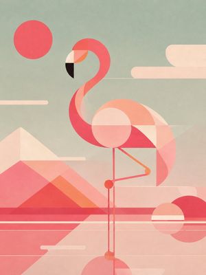 Abstract Geometric Flamingo Poster — Create a minimalist geometric art poster of an abstract flamingo made entirely from simple shapes, in a soft mid-century mo