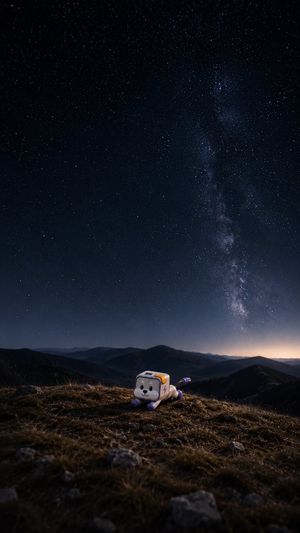 Character Toy Night Sky Wallpaper — Using the provided reference image as the character base, transform the flat LINE-sticker-style character into a small cute 