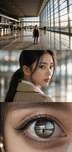 Airport Triptych Eye Reflection — Create a vertical cinematic triptych made of exactly 3 stacked horizontal panels, all showing the same {argument name="charact