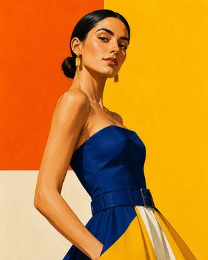 Geometric Color-Block Fashion Illustration — Wide fashion illustration poster, woman in geometric color-block dress standing confidently, bold asymmetric geomet