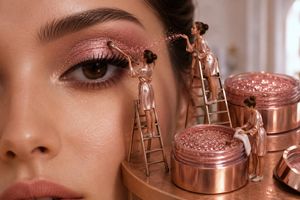 Miniature Makeup Artists Fantasy World — A fantastic fairy-tale beauty world where tiny female makeup artists create eye makeup on the giant eye of a beautiful 