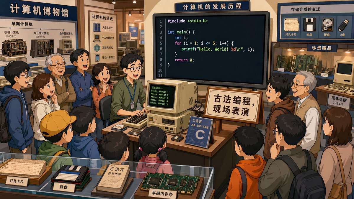 Programmer in Computer Museum Cartoon Scene
