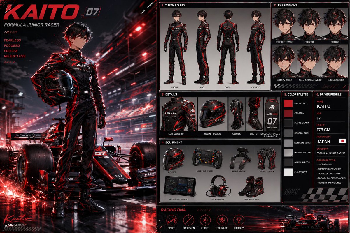 Anime Racing Driver Character Design Sheet