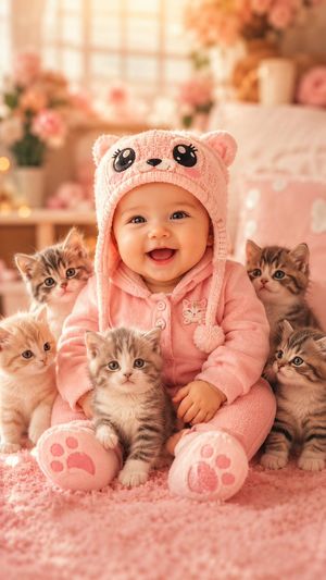 Smiling Baby With Five Kittens — Create a vertical 9:16 ultra-cute photorealistic baby-and-kittens wallpaper. Center a smiling baby with full body visible, sitt