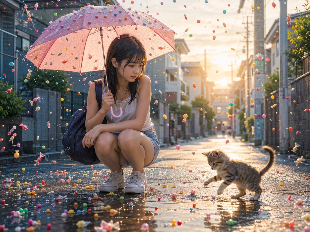 Candy Rain Street With Girl and Kitten