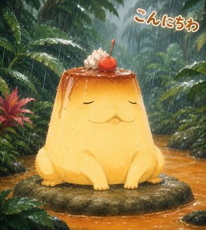 Rainforest Custard Pudding Frog — Create a whimsical square anime-style illustration of a cute giant custard pudding creature sitting calmly on a flat mossy roc