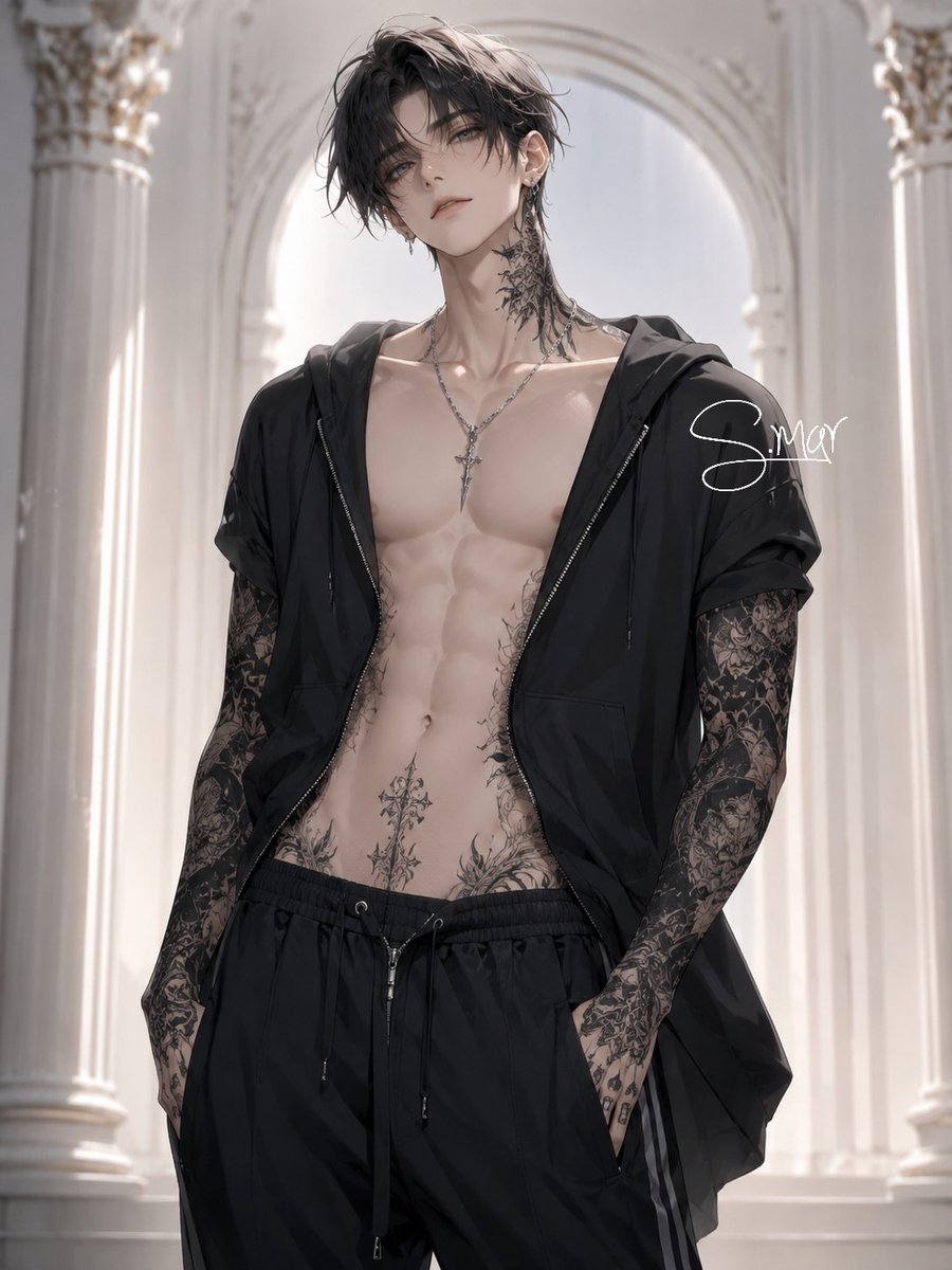 Tattooed Anime Man in Marble Hall