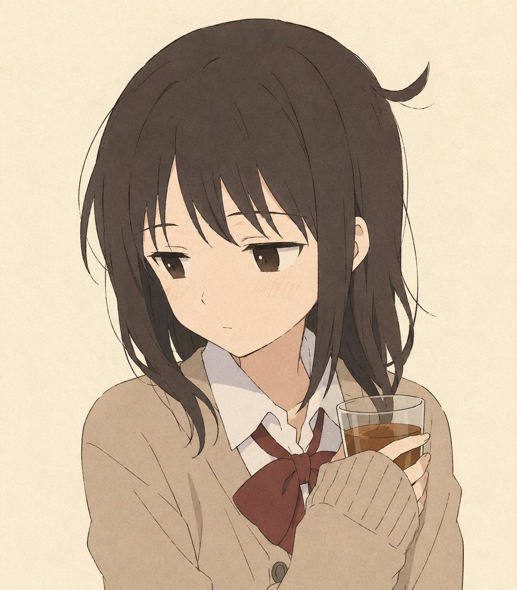 Quiet Anime Schoolgirl Holding Tea