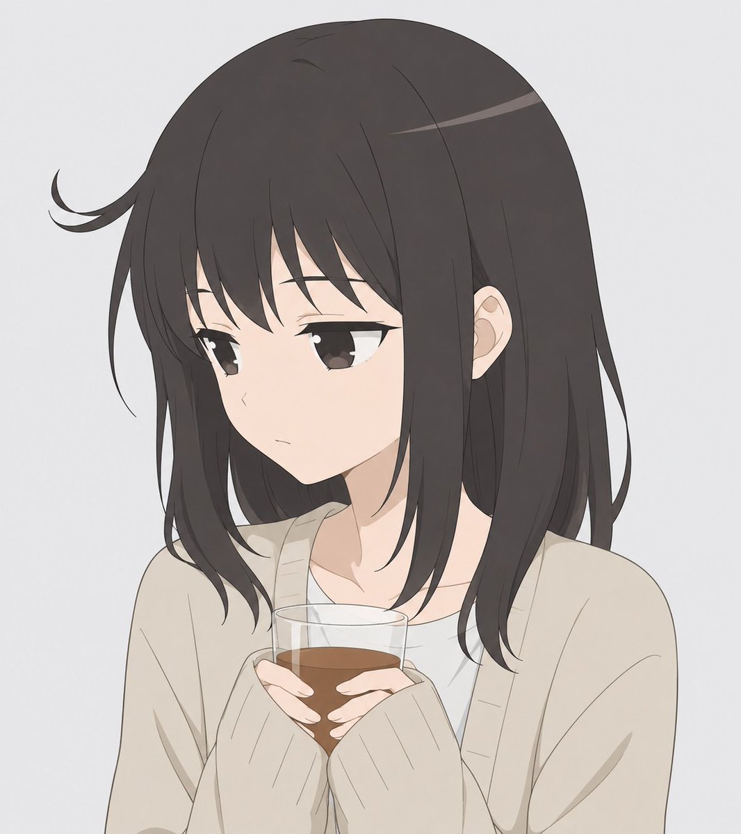 Melancholic Anime Girl Holding Tea