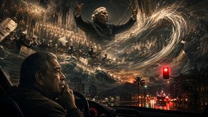 Wagnerian Requiem at a Red Light — Create a cinematic, ultra-dramatic wide 16:9 photoreal surreal scene viewed from inside a car stopped at a red traffic light 