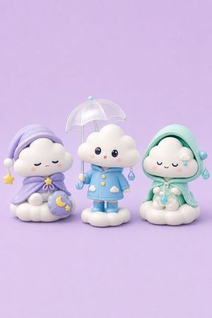 Tiny Weather Companion Figurines — Create a cute collectible toy concept art image of exactly three tiny weather companions arranged side by side on a seamless 