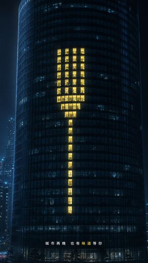 Glowing Exclamation Skyscraper — Create a cinematic vertical nighttime architectural advertising image of a tall cylindrical glass office skyscraper in a dense 