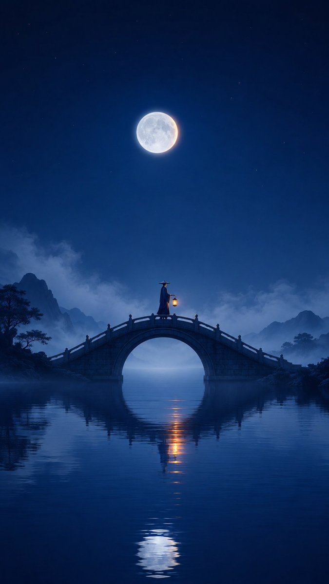 Oriental Moonlight Bridge Aesthetic Poster