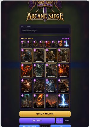 Arcane Siege Mobile Deck UI — Goal: Create a polished dark fantasy mobile game lobby/deck-building screen for a Clash Royale-like…
