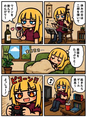 Lazy Day Chibi Manga Page — Goal: Create a cute Japanese 5-panel slice-of-life manga page about a lazy day off for a blonde chib…