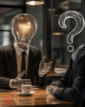 Surreal Light Bulb Business Meeting — Create a photorealistic surreal business meeting scene in a dim modern cafe or office lounge. Show exactly 2 human figures