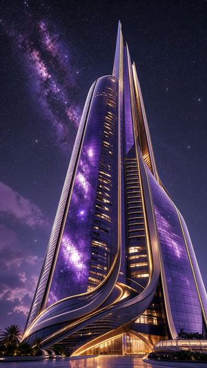 Futuristic Starry Skyscraper Wallpaper — Using REFERENCE_0 as the mood and lighting reference, transform the scene into a {argument name="resolution style" defa