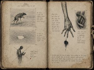 Fear Sketchbook Spread — Goal: Create a high-resolution, aged two-page sketchbook spread for an introspective art book chapte…