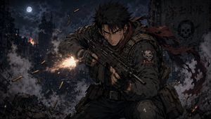 Anime Soldier in Moonlit Urban Warzone AI image template preview