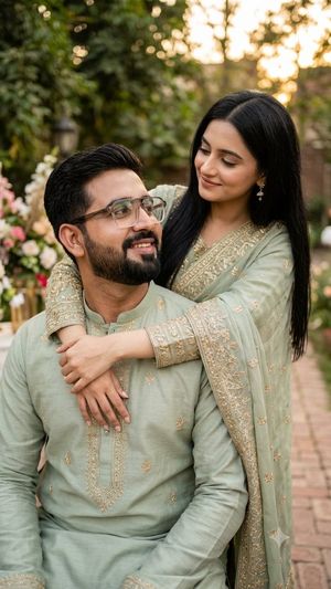 South Asian Wedding Couple Portrait — A romantic portrait of a {argument name="couple type" default="young South Asian couple"} wearing {argument name="clothing