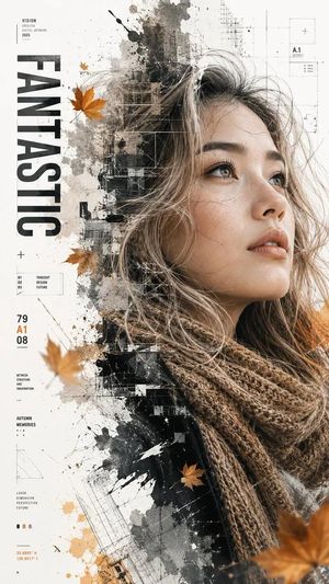 Double Exposure Autumn Leaves Portrait AI image template preview