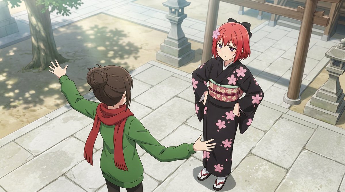 Anime Shrine Courtyard Conversation