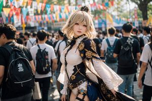 Realistic Fantasy Cosplayer at Festival — Create a realistic, high-detail outdoor convention crowd photograph featuring a young adult female anime-style cosplay