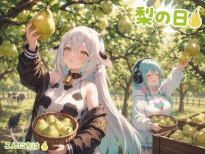Anime Pear Orchard Harvest — Create a bright anime-style orchard illustration in a 4:3 landscape frame, set on a sunny pear-picki…