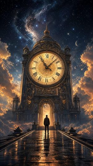 Cosmic Clock Tower Fantasy — Create a vertical cinematic fantasy scene of {argument name="traveler description" default="a lone hooded traveler in dark clothes"