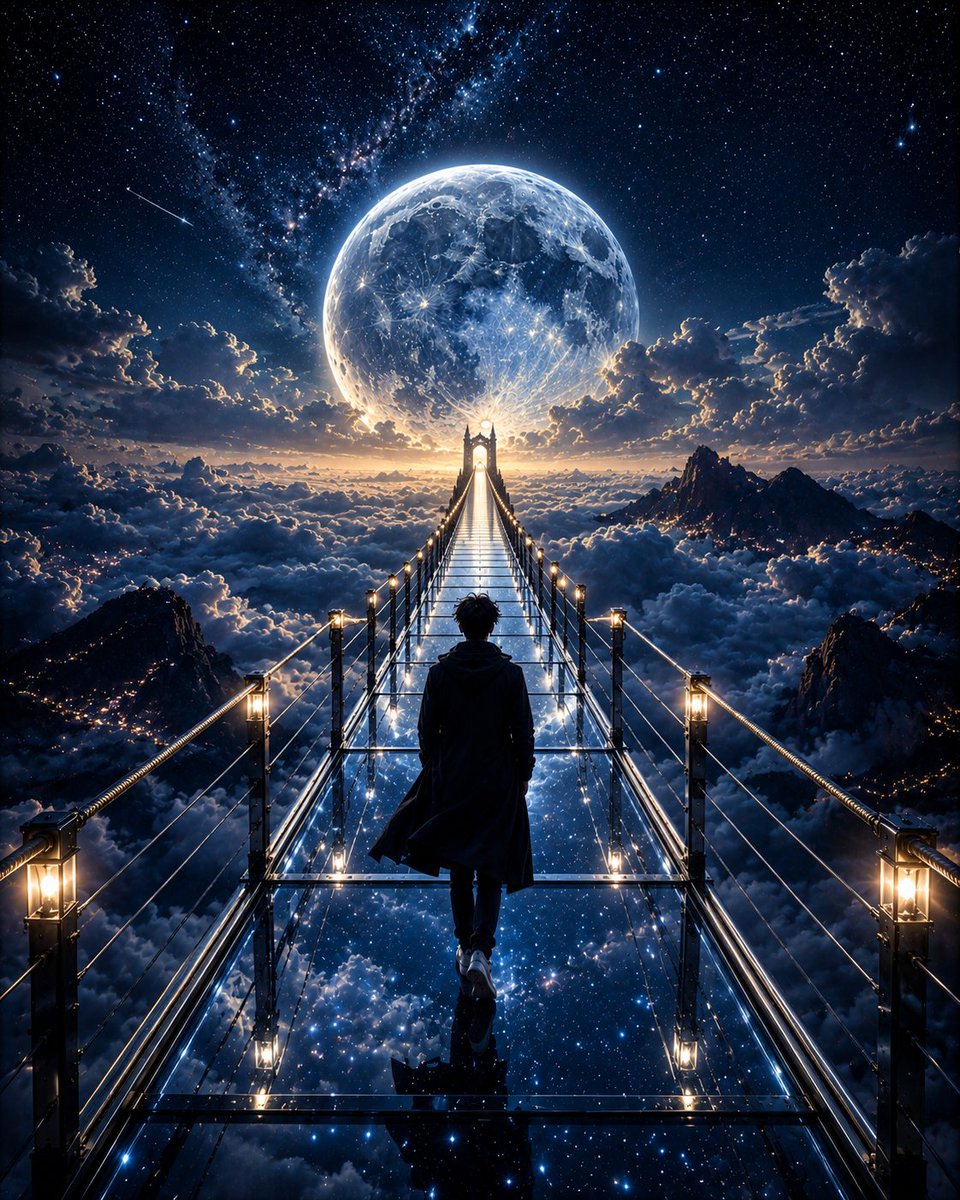 Moonlit Glass Bridge Fantasy Scene