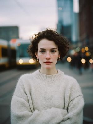 Blue Hour Street Portrait — close editorial portrait of a {argument name="subject" default="young woman"} with {argument name="h…