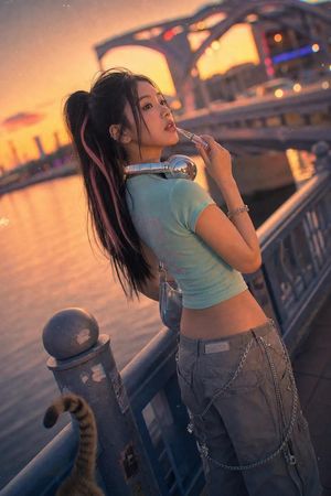 Cinematic Golden Hour Bridge Portrait AI image template preview