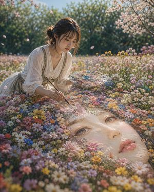 Woman Painting a Floral Portrait — 主題：
{argument name="主題" default="花に眠る顔"}

人物・表情：
{argument name="人物" default="20代女性"}。自然で成熟した雰囲気、黒茶色の髪をゆるくまとめた低めのお団子、顔まわりに細い後