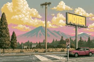 Pixel Art Retrowave Motel Roadside — Create a 3:2 wide pixel-art landscape in the style of a 1990s console JRPG background: a quiet roadside motel scene at suns