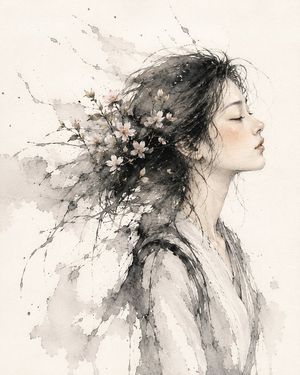 Ink Wash Cherry Blossom Portrait AI image template preview