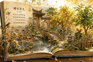 Autumn Chinese Garden Pop-Up Book — Create a highly detailed magical-realism pop-up book scene on a wooden table, where an open antique…