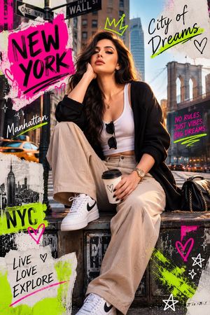 Modern Mixed Media Fashion Collage — Photorealistic mixed media fashion collage of a {argument name="subject" default="cool young woman"}…