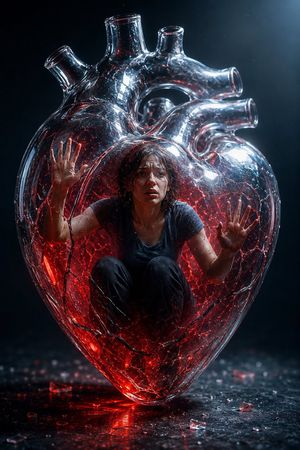 Woman Trapped in Crystal Heart Surreal Art — Ultra-realistic surreal conceptual portrait of a distressed {argument name="subject" default="young woman"} trapped