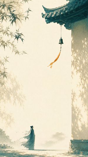 Minimalist Zen Oriental Poster — 主题方向：{argument name="主题" default="东方禅意极简海报"}
风格分支：高对比传播型
主体内容：{argument name="主体内容" default="一位站在檐下微微仰头听风铃的古风人物"}
情绪母题：松弛、静听、夏日