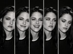 Five-Slice Monochrome Expression Portrait — Create a high-end fashion editorial poster showing a monochrome vertical sliced portrait of {argument name="characte