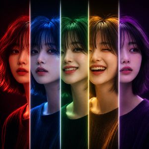 Five-Slice Emotional Fashion Portrait — Create a high-end fashion editorial poster: a centered close-up portrait of {argument name="character description" defau