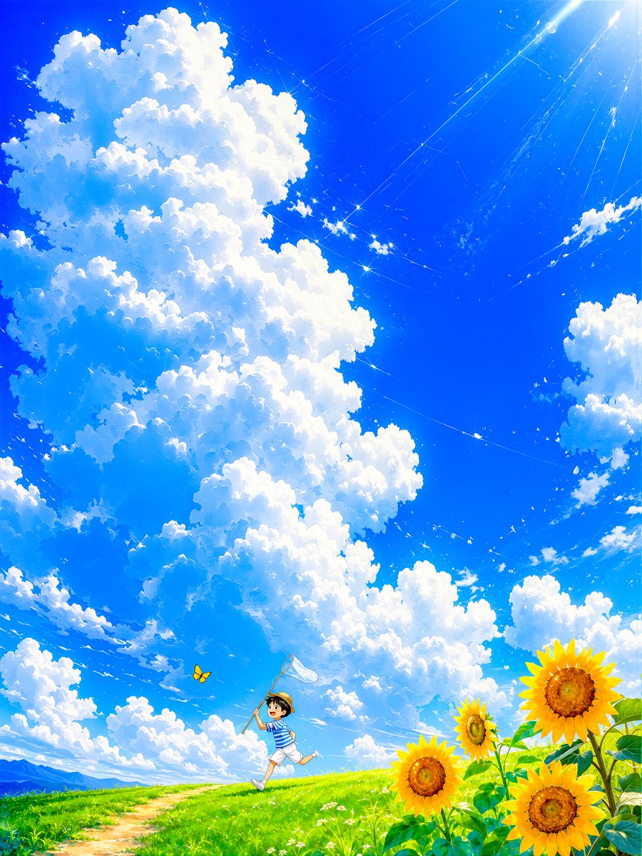 Boy Chasing Butterfly in Summer Sky