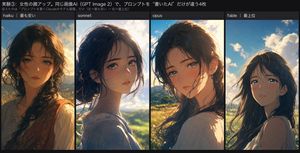 Four-Panel Anime Face Comparison — Goal: Create a wide comparison graphic showing four generated anime-style close-up portraits of the…