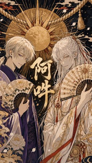 Ornate A-Un Kimono Album Cover — Create a vertical Japanese album-cover illustration in an ornate dark-gold ukiyo-e fantasy style. Two elegant androgynous young