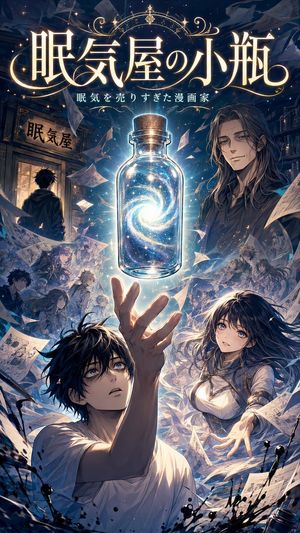 Sleep Shop Bottle Anime Poster — Create a vertical anime light-novel / manga poster cover for {argument name="story title" default="眠…