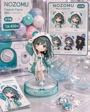 NOZOMU Capsule Figure Product Display — Goal: Create a highly polished pastel product advertisement photo for a fictional gashapon toy line…