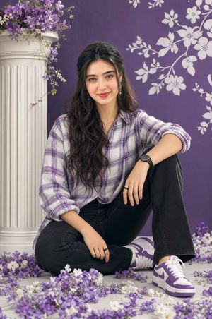 Fashion Studio Portrait with Floral Accents — A high-quality studio portrait of a young woman with stylishly {argument name="hair style" default="voluminously d