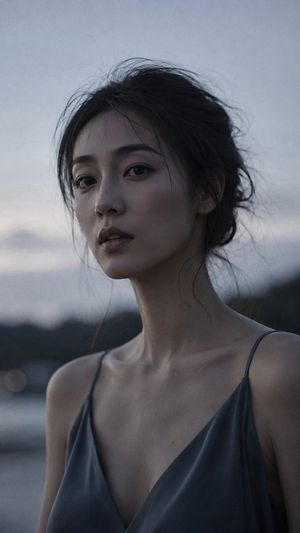 Japanese Dusk Portrait — Portrait shot on {argument name="lens" default="85mm f/1.2"}, close-up of a {argument name="subject" default="Japanese woman in her lat