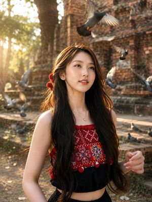 Travel Portrait at Temple Ruins — Ultra realistic cinematic travel portrait of {argument name="subject" default="a beautiful young East Asian woman"} standing i