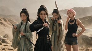 Post-Apocalyptic Wuxia Standoff — Create a cinematic photorealistic wide shot in a dusty desert mountain wasteland, blending ancient Chinese wuxia fantasy with 